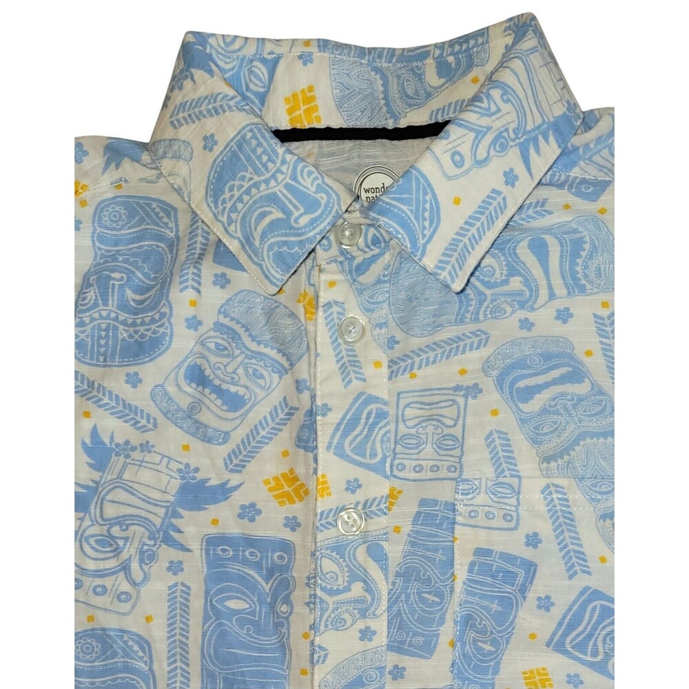 Boys XXL 18 Tiki Hawaiian Shirt Casual Dress Short Sleeve Blue Button Vacation